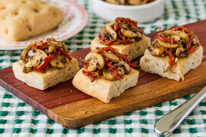 Focaccia niskobiałkowa z pieczarkami i suszonymi pomidorami